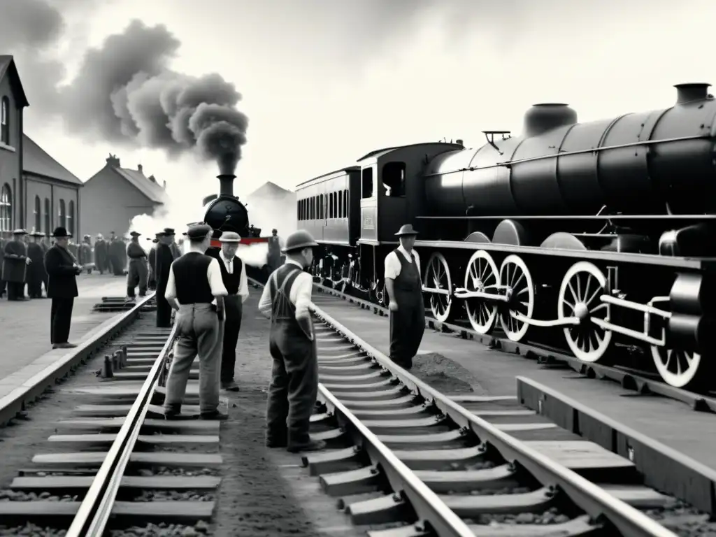 Foto vintage de trabajadores instalando barreras de seguridad en vías férreas, evocando la evolución de la seguridad en trenes