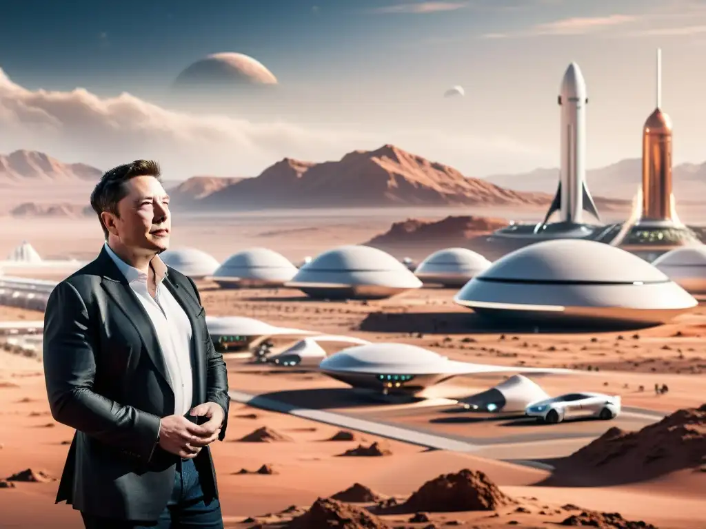 Elon Musk frente a una ciudad futurista en Marte, ejemplificando la visión de colonización de Marte por SpaceX