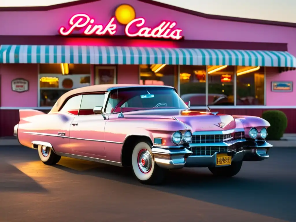 El Cadillac rosa de Elvis Presley brilla frente al diner vintage al atardecer, evocando la cultura del rock and roll