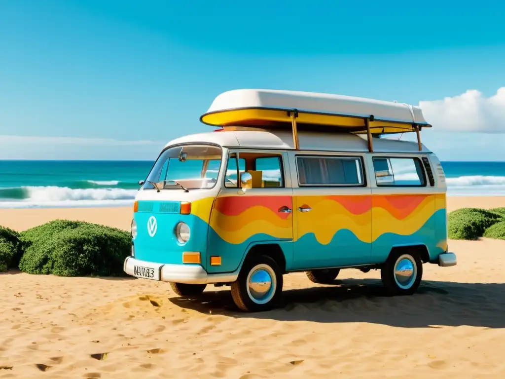 Una furgoneta vintage Volkswagen estacionada en una playa arenosa, con tablas de surf en el techo