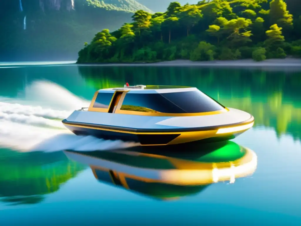 Un futurista hovercraft surca aguas cristalinas, exhibiendo innovación tecnológica en transporte acuático bajo el cálido resplandor del sol