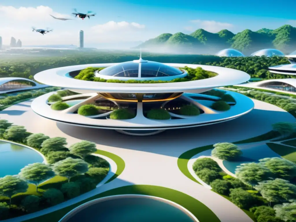 Centro de transporte futurista para drones y taxis voladores Estación futurista de drones y taxis voladores integrada con tecnología inteligente y rodeada de naturaleza exuberante