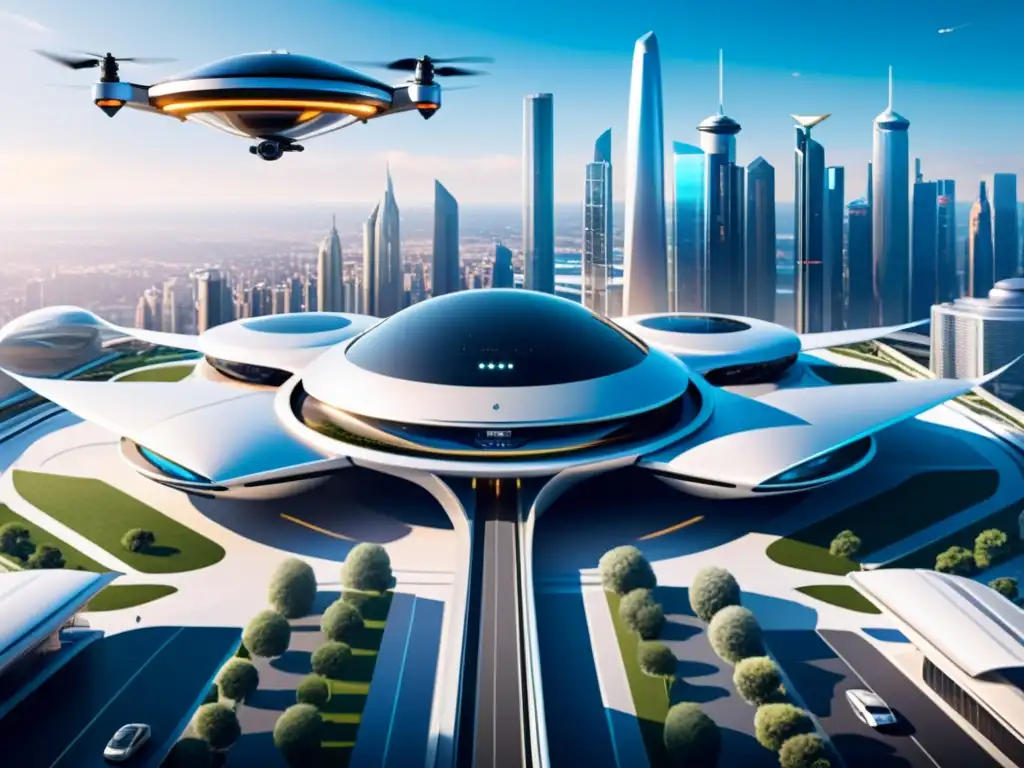Estación aérea futurista con drones y taxis voladores Estación futurista de drones y taxis voladores con paisaje urbano y atardecer brillante