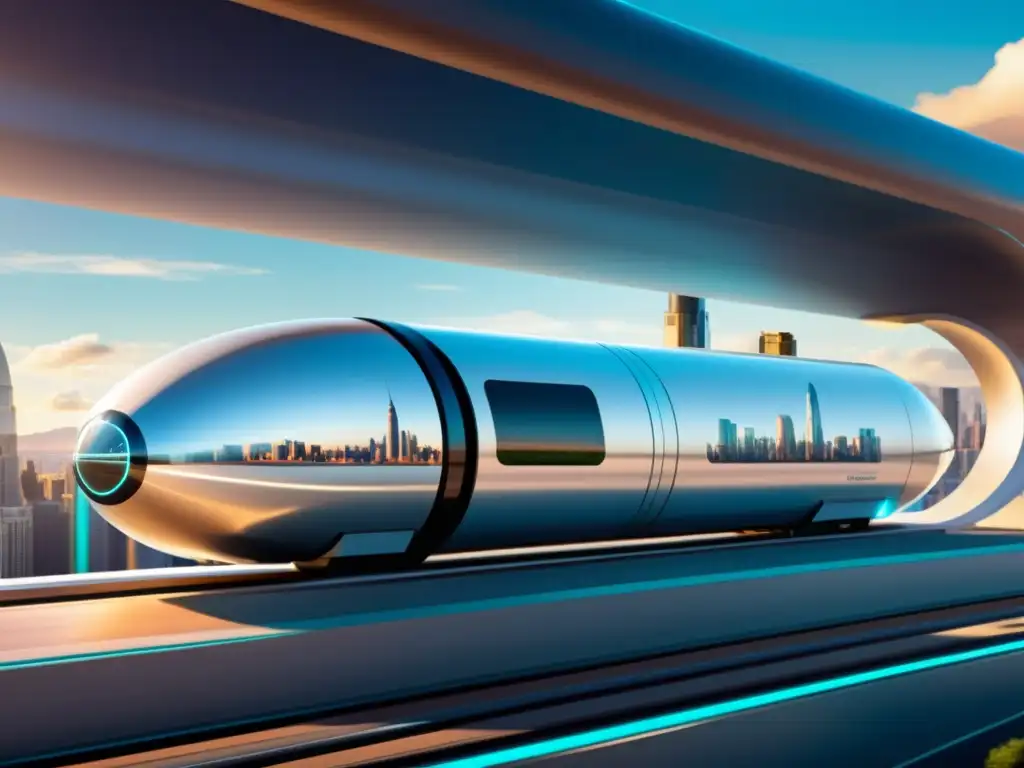 Pod futurista de hyperloop con alianzas estratégicas industria hyperloop, en tubo de vidrio con ciudad de fondo vibrante