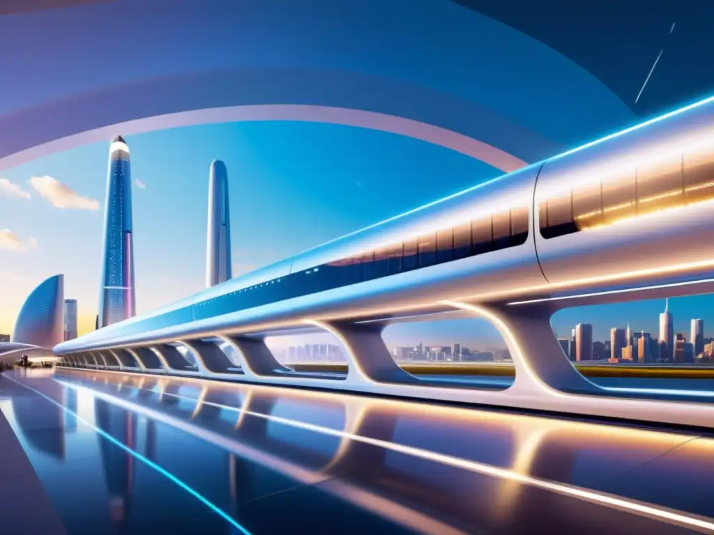 Estación futurista de Hyperloop con arquitectura metálica plateada, rodeada de una bulliciosa ciudad con coches voladores y trenes de alta velocidad