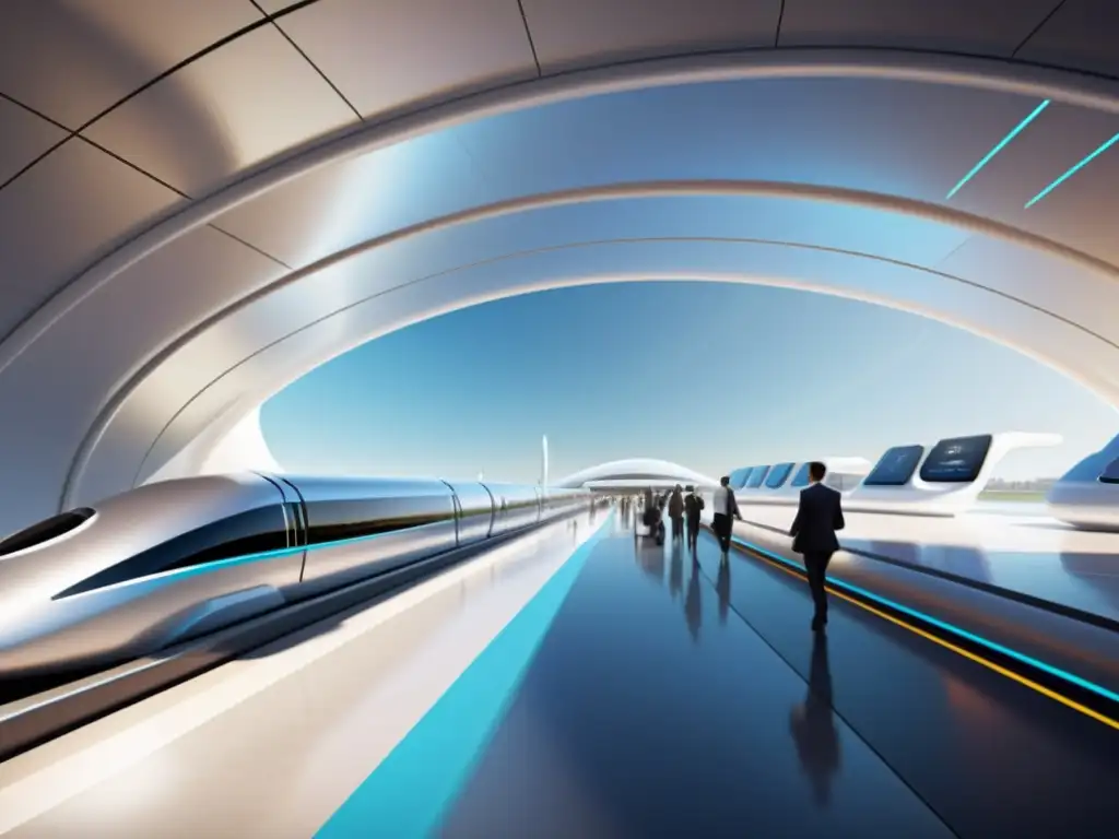 Estación futurista de Hyperloop con estrictos protocolos de seguridad para pasajeros