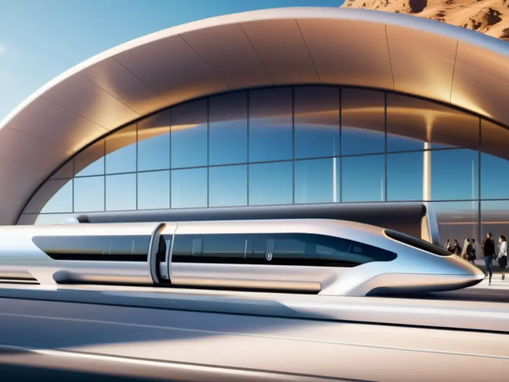 Estación futurista de Hyperloop para transporte, con diseño aerodinámico y entorno natural moderno