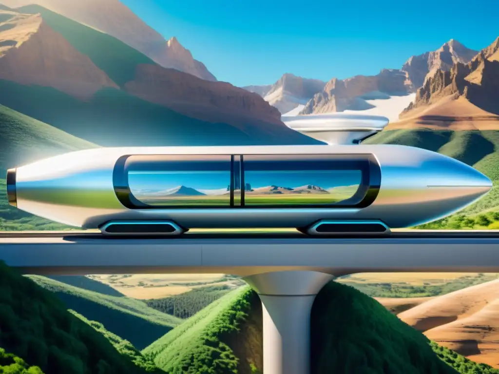 Pod futurista de Hyperloop viajando a través de un tubo transparente con paisaje de montañas al fondo