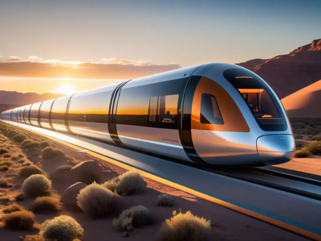 Pod futurista de Hyperloop en tubo transparente al atardecer, con medidas avanzadas de seguridad y confort para pasajeros