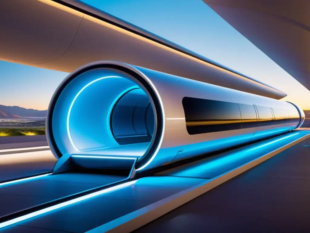 Pod futurista del Hyperloop en tubo de transporte hightech, rodeado de luces azules y blancas