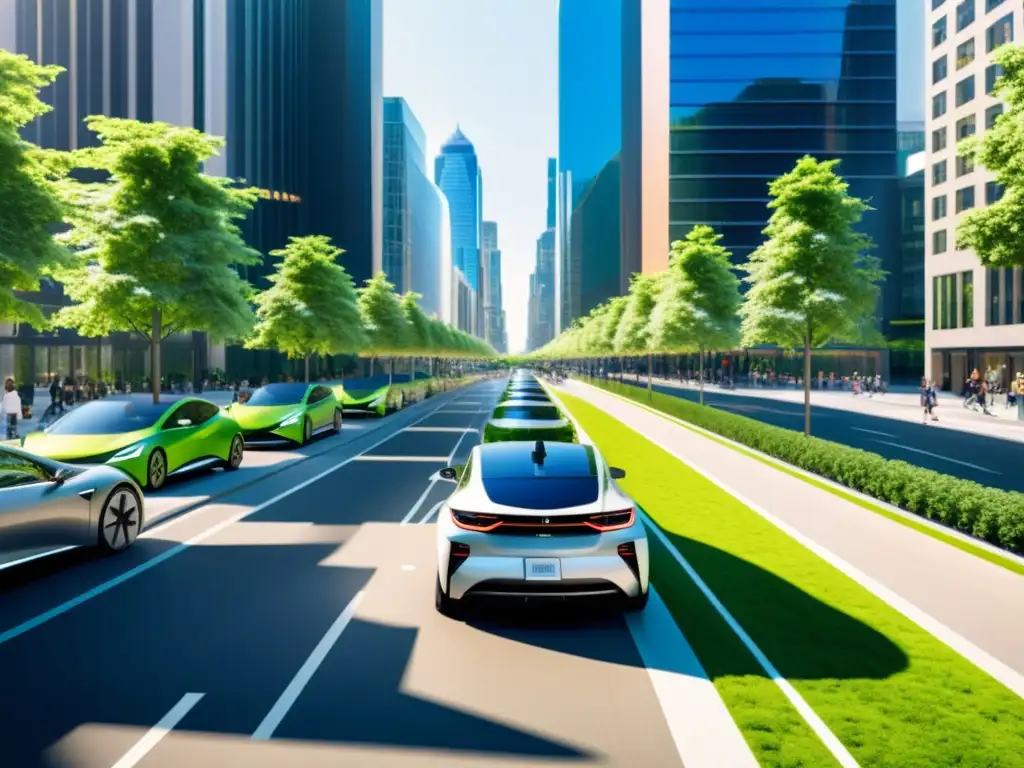 Visión futurista de infraestructura para coches eléctricos en ciudades: tecnología, naturaleza y vida urbana en armonía sostenible