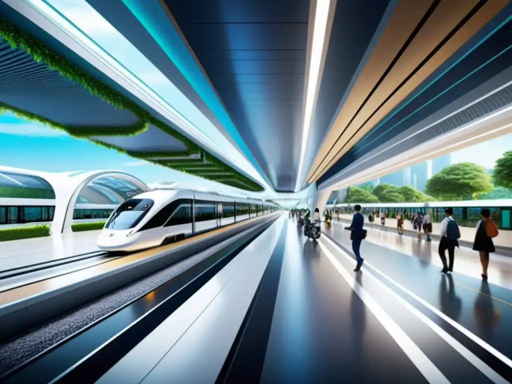 Una megaestación futurista interconectada, con transporte innovador y eficiente, rodeada de arquitectura moderna y vegetación exuberante