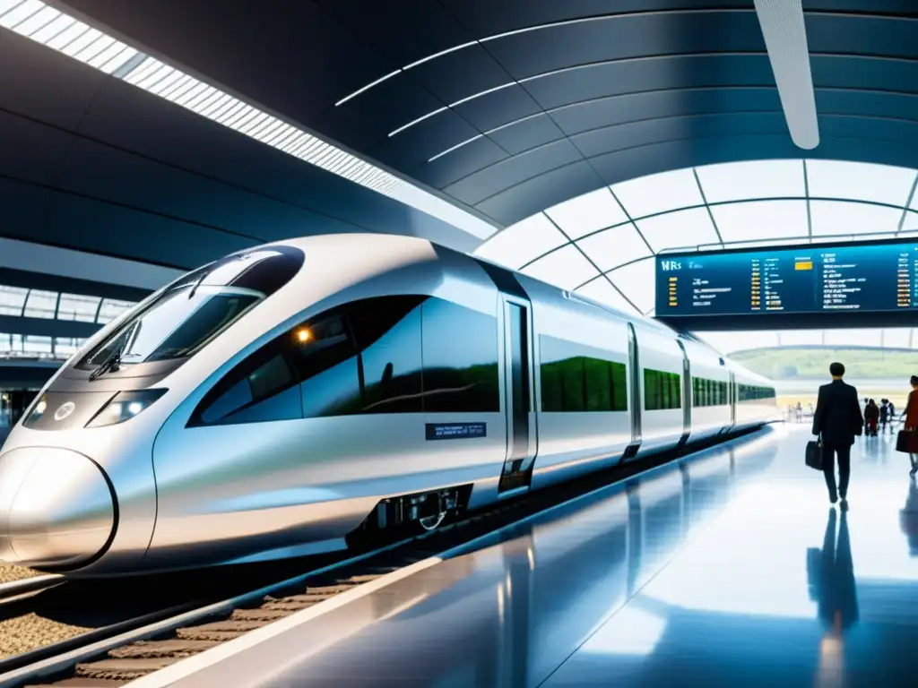 Estación futurista para trenes de levitación magnética, con diseño vanguardista y pasajeros abordando