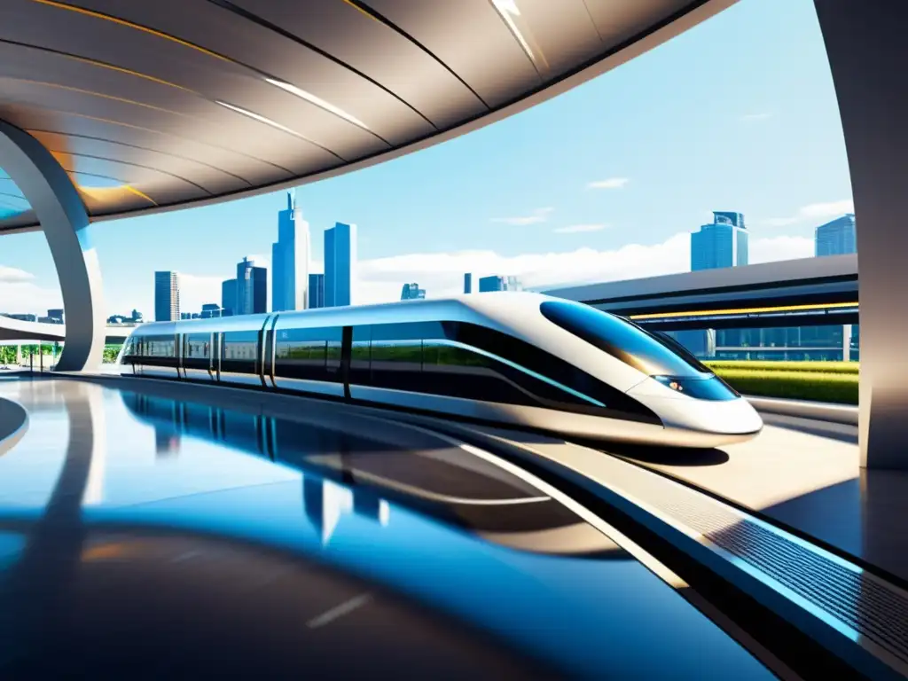 Estación futurista para trenes de levitación magnética, con diseño minimalista y luminoso, rodeada de arquitectura avanzada y tecnología