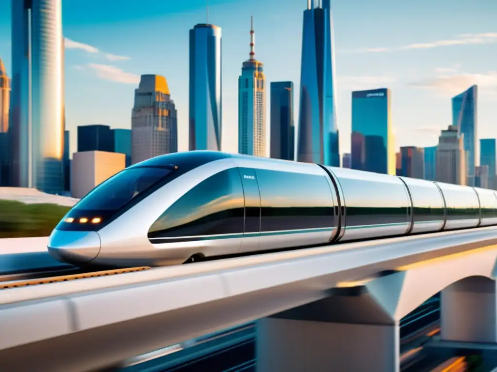 Futuro de la infraestructura de transporte terrestre del futuro: un tren Hyperloop futurista recorre un tubo transparente con la ciudad en el fondo