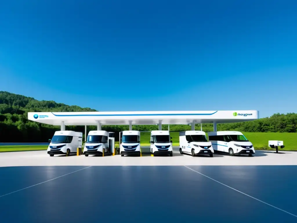 Futuro sostenible: estación de hidrógeno con vehículos en fila, reflejando modernidad y conciencia ambiental