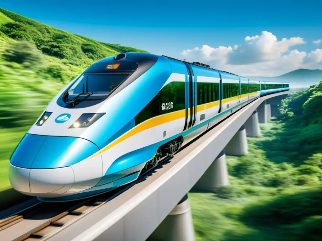 Futuro sostenible: tren de pasajeros impulsado por celdas de combustible de hidrógeno, recorriendo un paisaje verde y cielos despejados