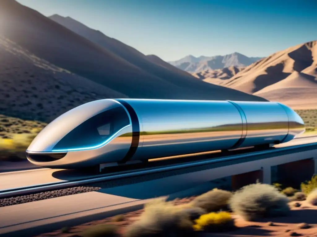 Futuro transporte terrestre alta velocidad: Pod Hyperloop futurista surcando tubo al vacío con paisaje borroso al fondo