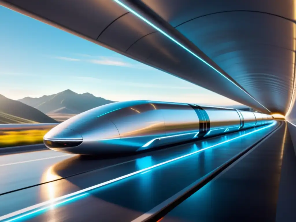 Futuro transporte terrestre de alta velocidad: Pod Hyperloop plateado surcando túnel futurista con luces neón