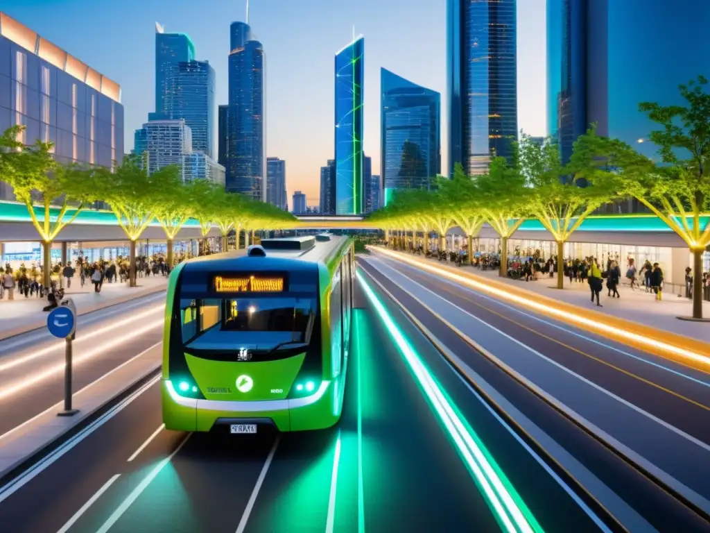 Futuro del transporte urbano a demanda: Una ciudad futurista y sostenible con sistemas de transporte eficientes e integrados, iluminada suavemente