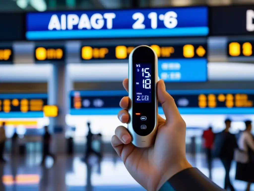 Gadget para controlar temperatura en viajes: dispositivo futurista de control personal de temperatura, en mano con aeropuerto de fondo