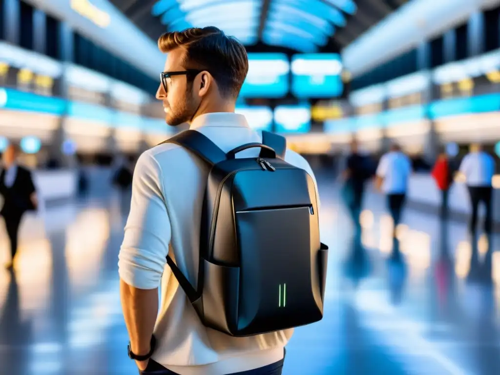 Gadgets anti robo para viajeros: Mochila moderna con medidas de seguridad innovadoras, en un bullicioso aeropuerto