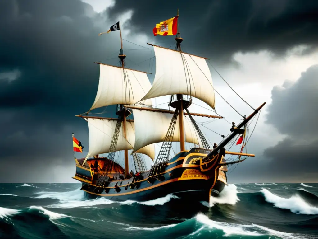 Una galeón español luchando contra olas y nubes oscuras, con velas al viento y tripulación trabajando frenéticamente