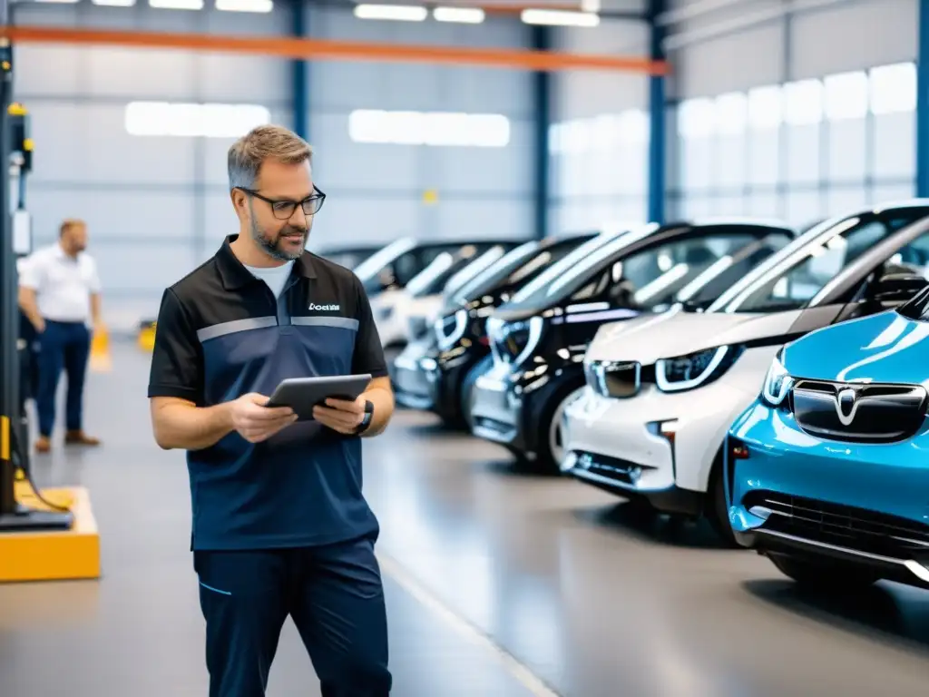 El gerente de flota de carsharing coordina el mantenimiento de vehículos eléctricos en un garaje