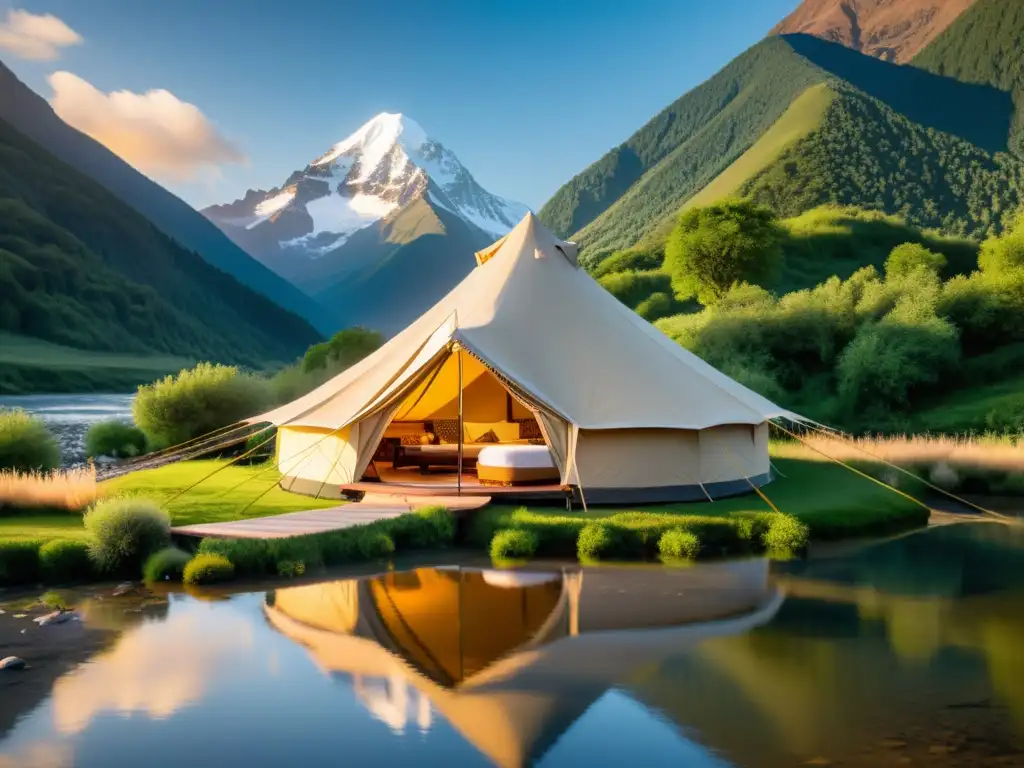 Glamping de alta gama en armonía con la naturaleza, rodeado de montañas nevadas al atardecer, reflejando glamour y tranquilidad