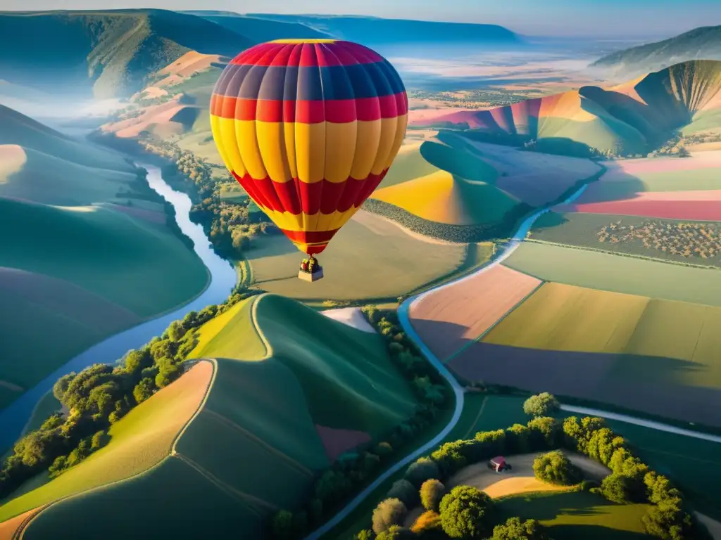 Un globo aerostático de lujo flota sobre un paisaje colorido al amanecer, evocando aventura y exclusividad en viajes de lujo en globos aerostáticos