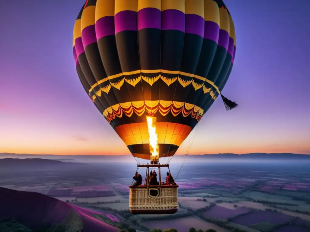 Exploración en globo aerostático al amanecer con colores vibrantes y paisaje impresionante