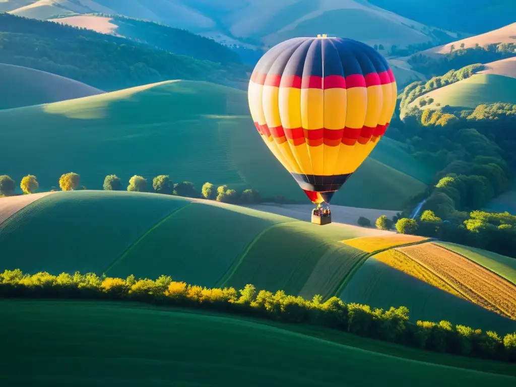 Un globo aerostático colorido flota sobre un paisaje impresionante al amanecer