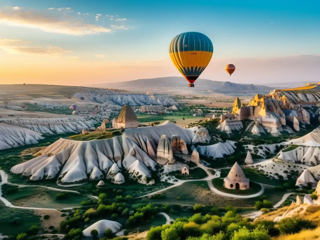 Un globo aerostático colorido flota sobre los paisajes de Cappadocia al amanecer