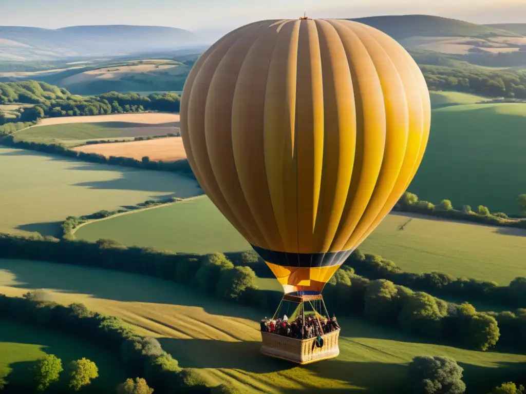Un globo aerostático vintage asciende sobre un paisaje pintoresco, rodeado de personas vestidas con trajes de época