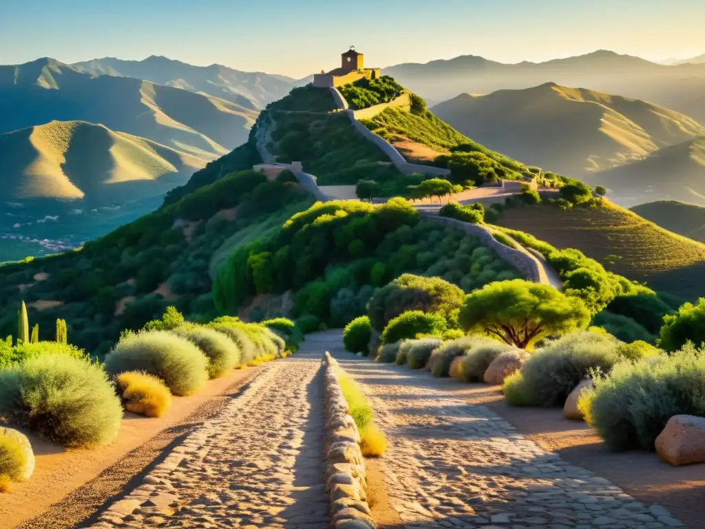 El Gran Camino Real, antiguo y majestuoso, serpentea entre exuberante vegetación y montañas, bañado por cálido resplandor dorado