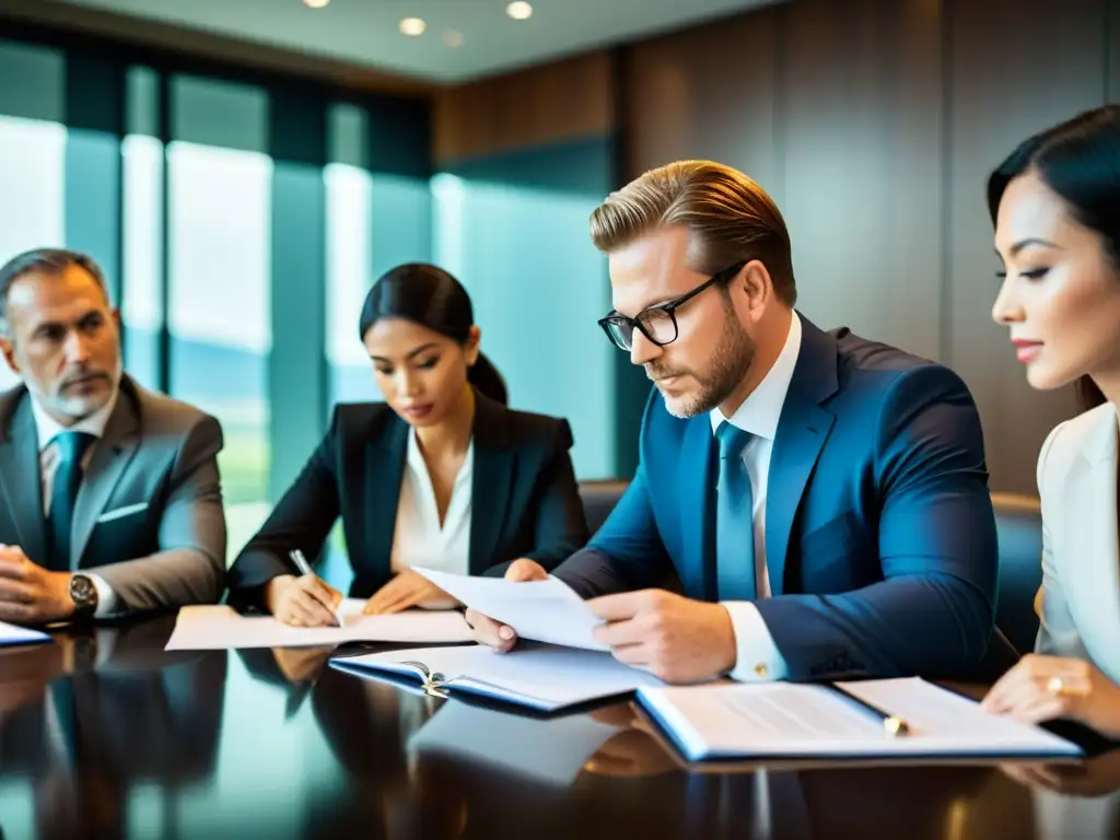 Un grupo de abogados y expertos en aviación internacional revisando documentos legales y regulaciones en una sala moderna y luminosa