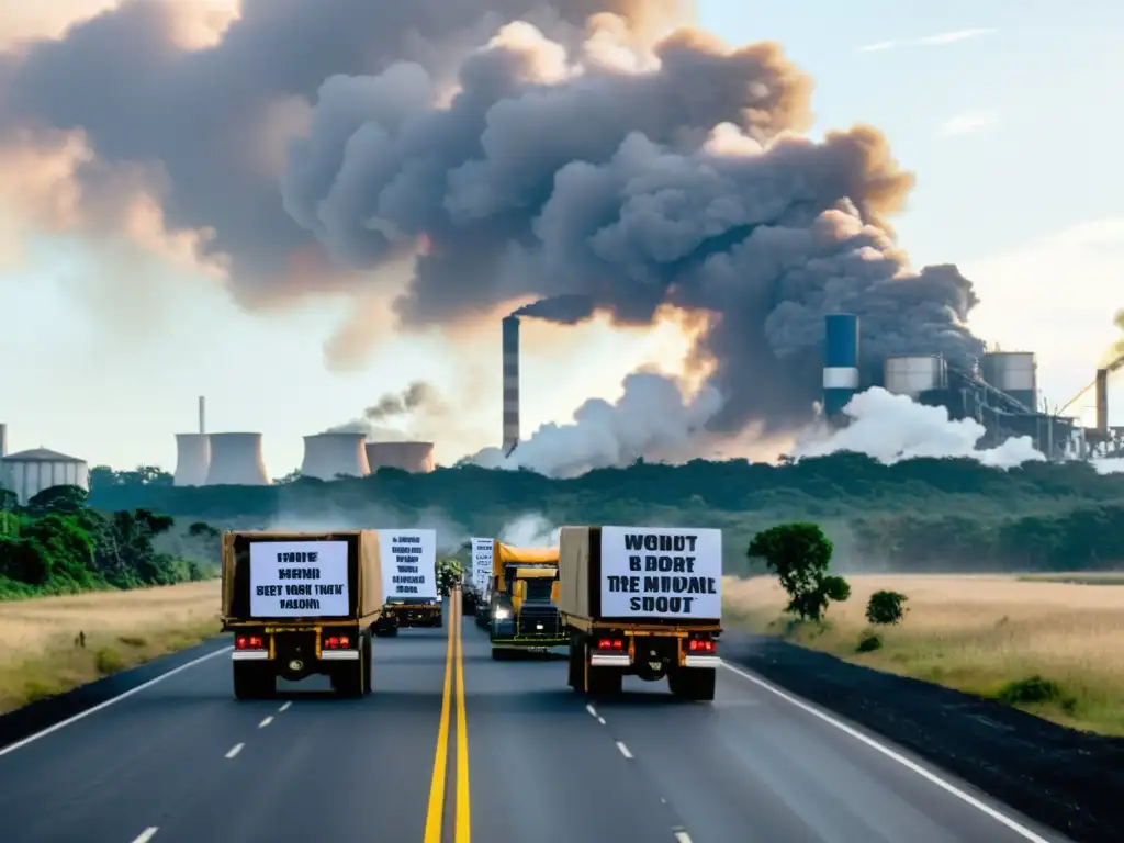 Un grupo de activistas sostiene pancartas en una autopista llena de camiones de carga, mostrando el impacto ambiental