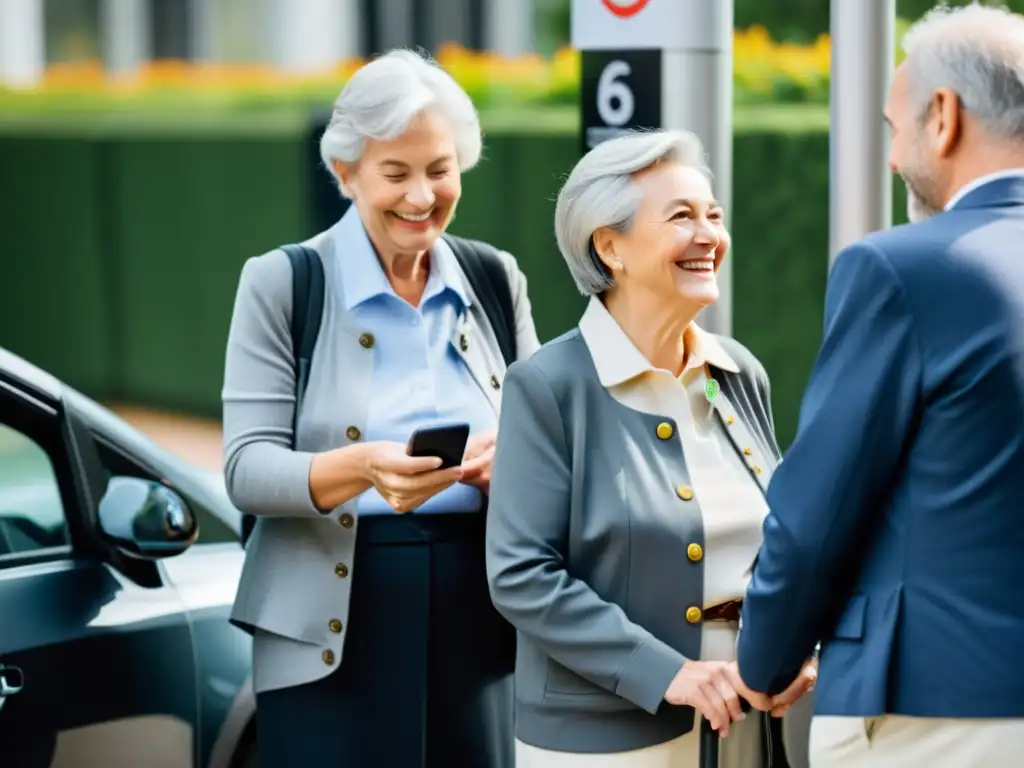 Grupo de adultos mayores sonrientes usando servicios especiales de car sharing para la tercera edad