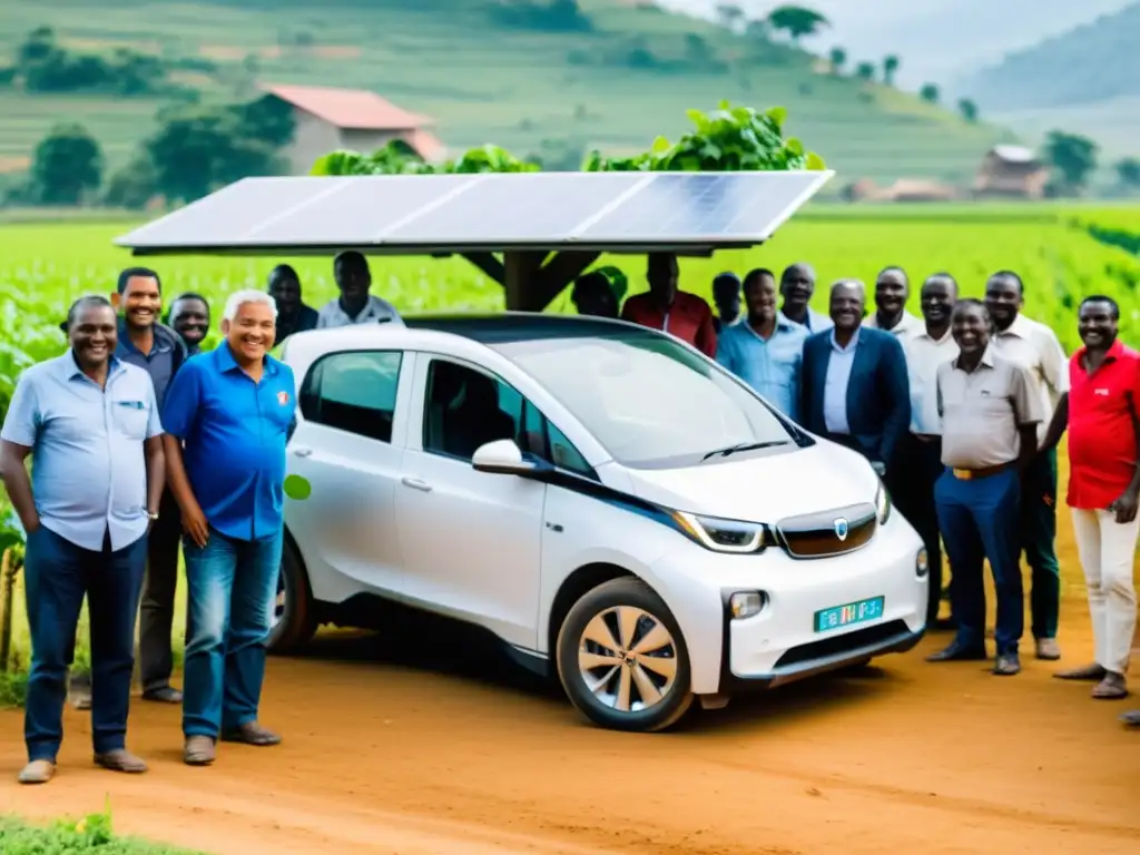 Grupo de agricultores felices en una estación de carga de vehículos eléctricos con energía solar, impulsando el desarrollo rural vehículos eléctricos