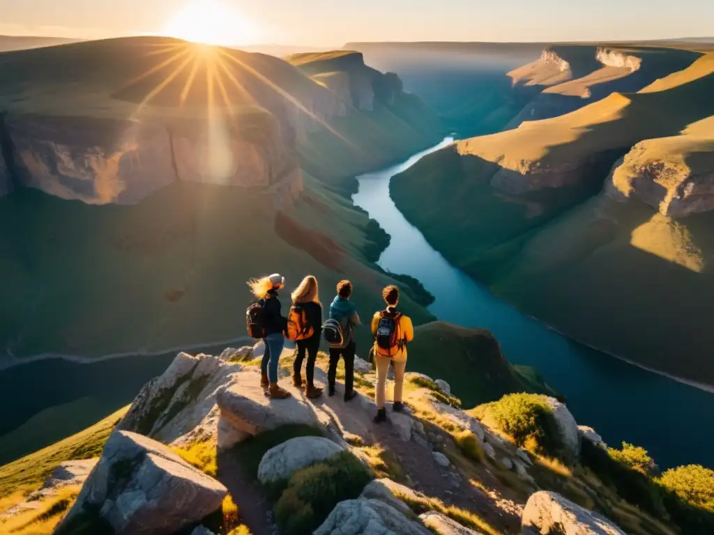 Un grupo de amigos se prepara para la aventura con cámaras de acción para aventuras únicas, en un atardecer en el borde de un acantilado