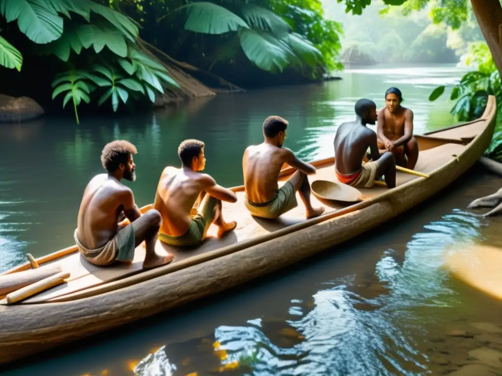 Un grupo de antiguos humanos tallando un canoa primitiva en un tronco de árbol, utilizando herramientas de piedra para dar forma a la embarcación