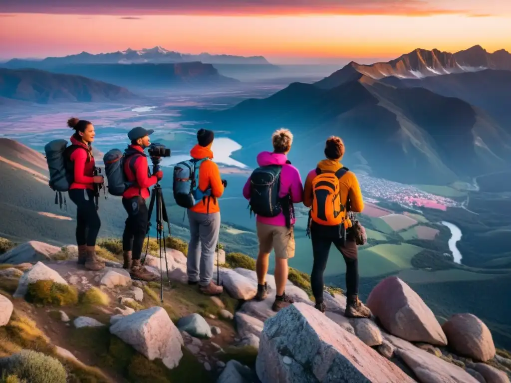 Grupo de aventureros en un acantilado rocoso, admirando la impresionante cordillera al atardecer