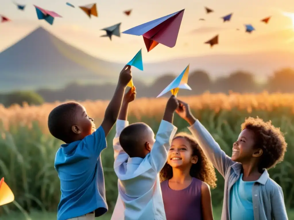 Un grupo de niños lanza aviones de papel de colores al atardecer, mostrando la inspiración y creatividad infantil en la aviación