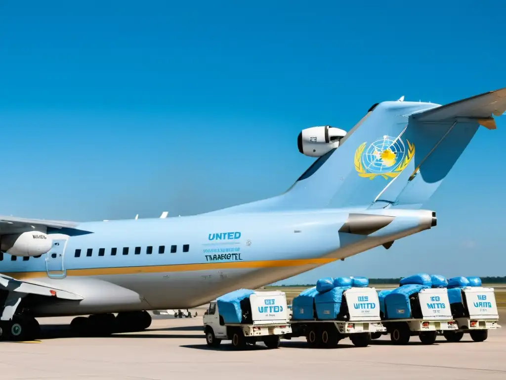 Un grupo de aviones de transporte de las Naciones Unidas en una pista, con personal en cascos azules cargando suministros humanitarios