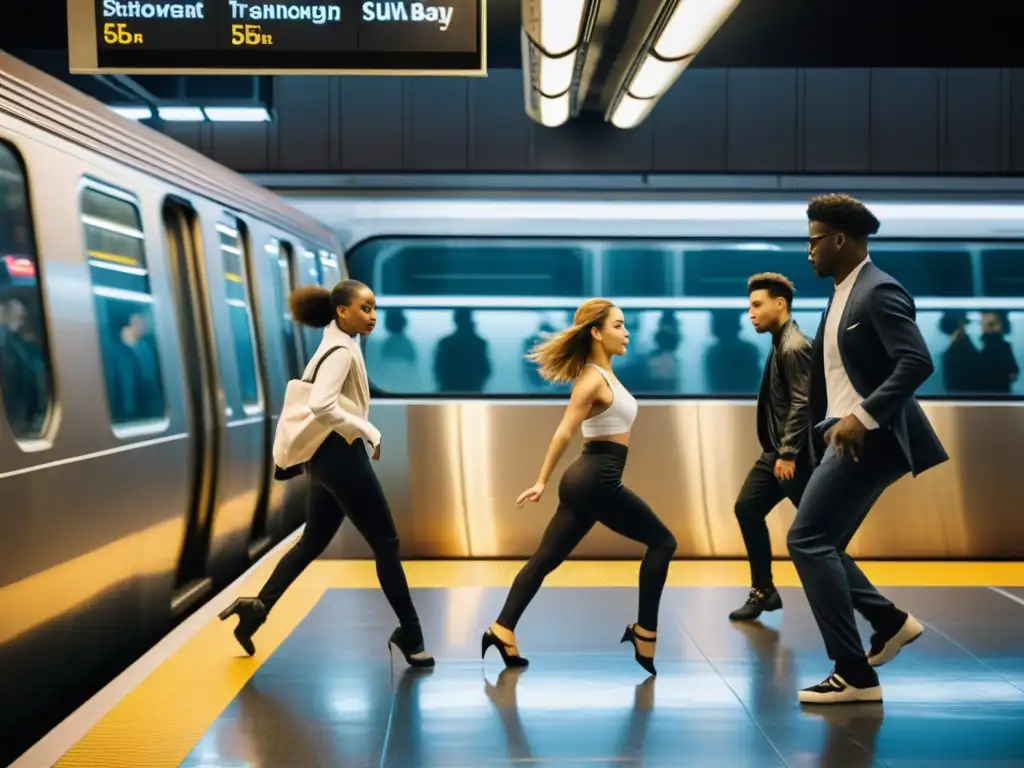 Grupo de bailarines realizando una coreografía contemporánea en una plataforma del metro, con el tren llegando al fondo