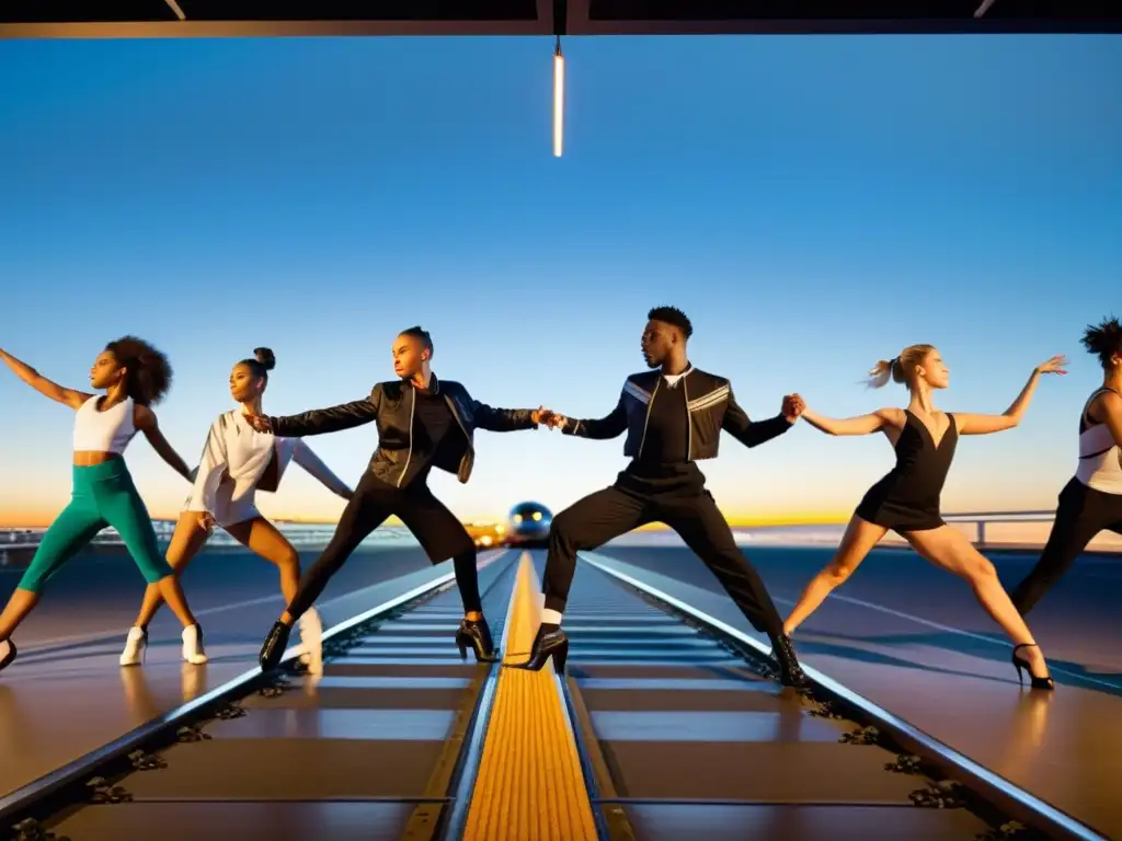 Un grupo de bailarines realizando coreografías inspiradas en medios de transporte, con movimientos dinámicos que evocan la fluidez del tráfico, la elegancia de los trenes y la gracia ascendente de los aviones