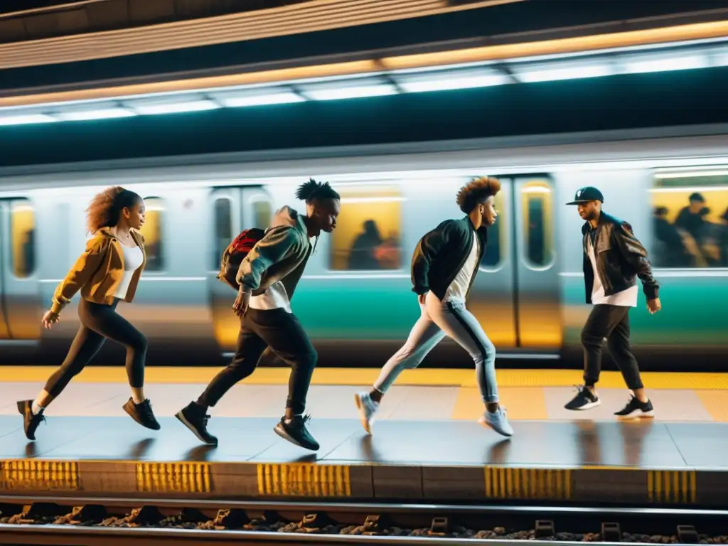 Grupo de bailarines en vestimenta urbana realizando una coreografía contemporánea en una plataforma de metro, con trenes en movimiento al fondo