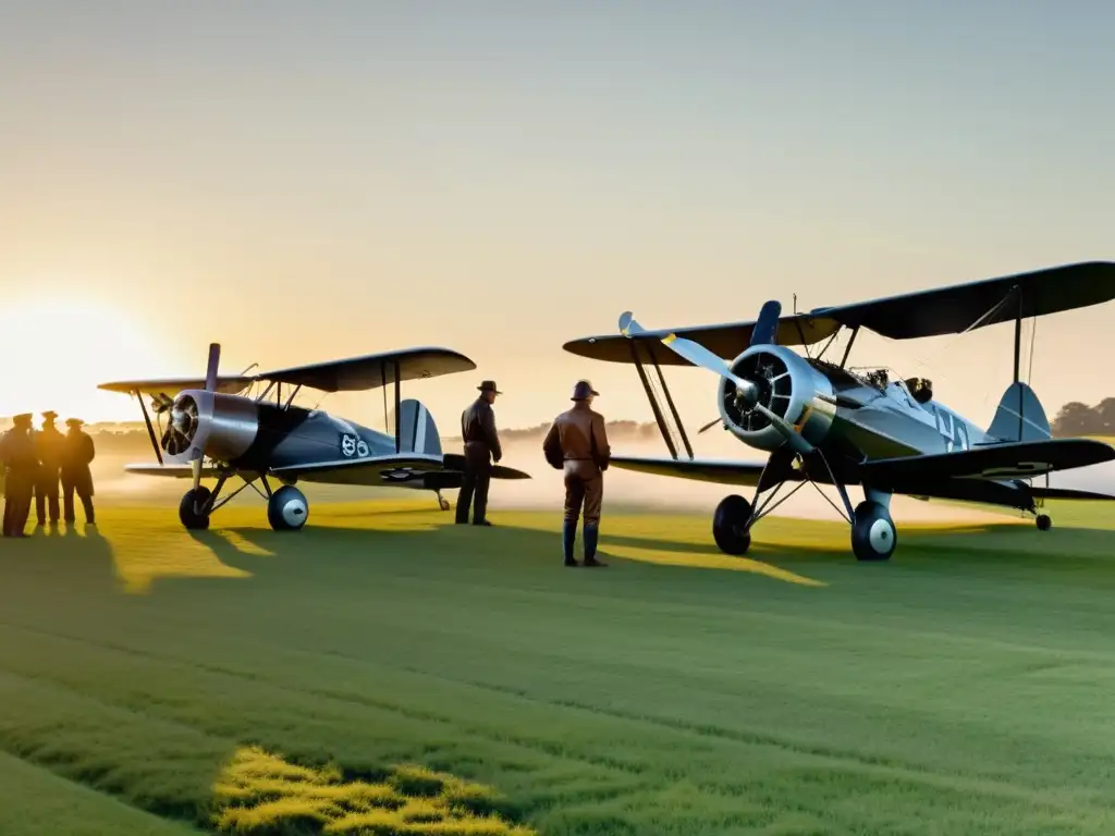 Grupo de biplanos vintage en campo preparándose para despegue al amanecer, evocando la evolución de la aviación