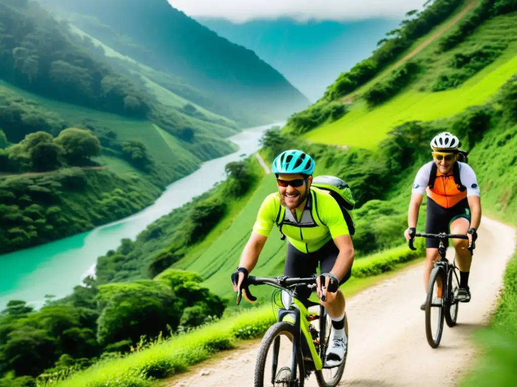 Grupo de ciclistas aventureros con gadgets innovadores para ciclistas viajeros seguros, explorando sendero montañoso entre exuberante vegetación