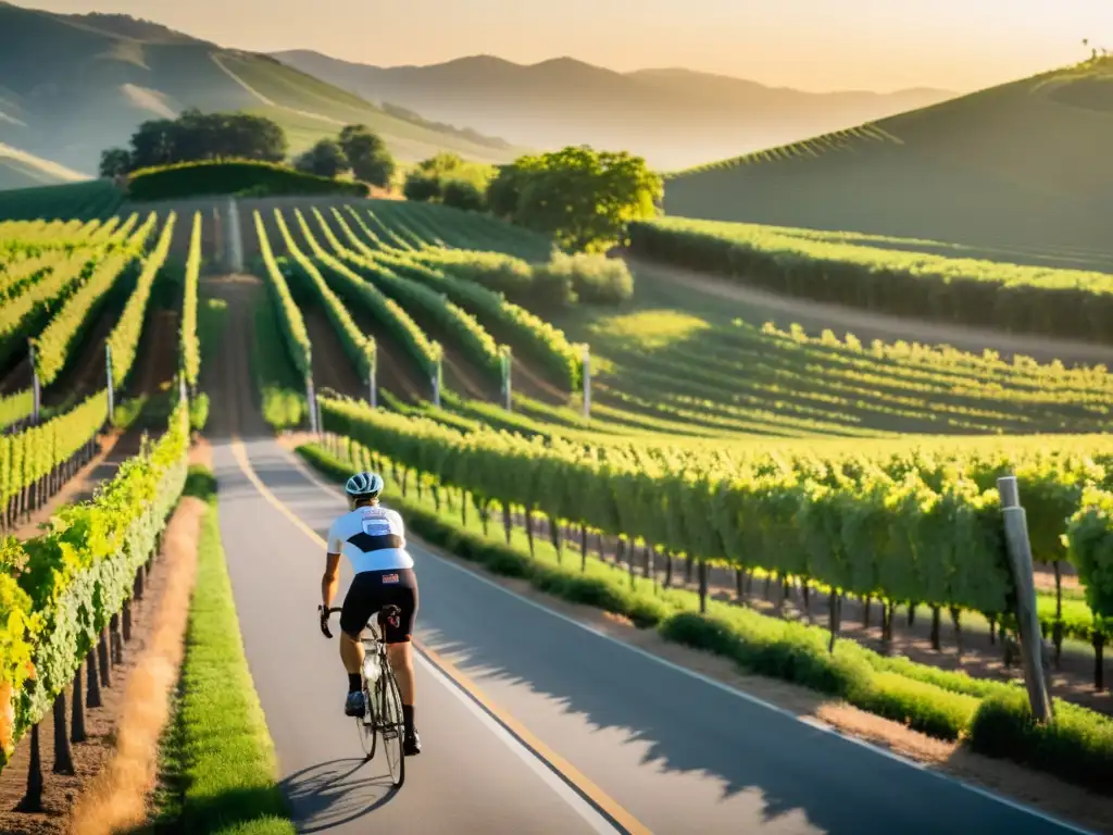 Un grupo de ciclistas disfruta de la belleza de un viñedo al atardecer, pedaleando en rutas de enoturismo en bicicleta